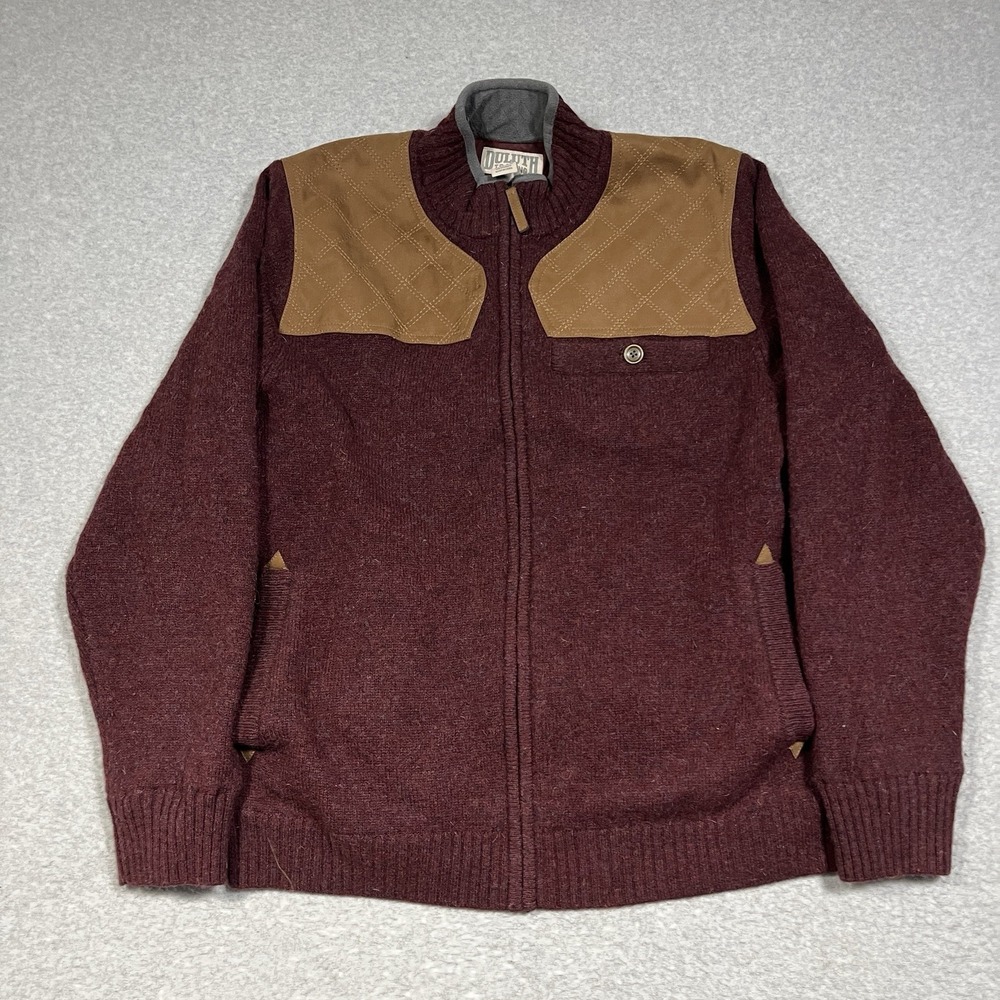 Duluth Trading Sweater Mens Large Red Shetland Wool Windproof Zip Suede Trim